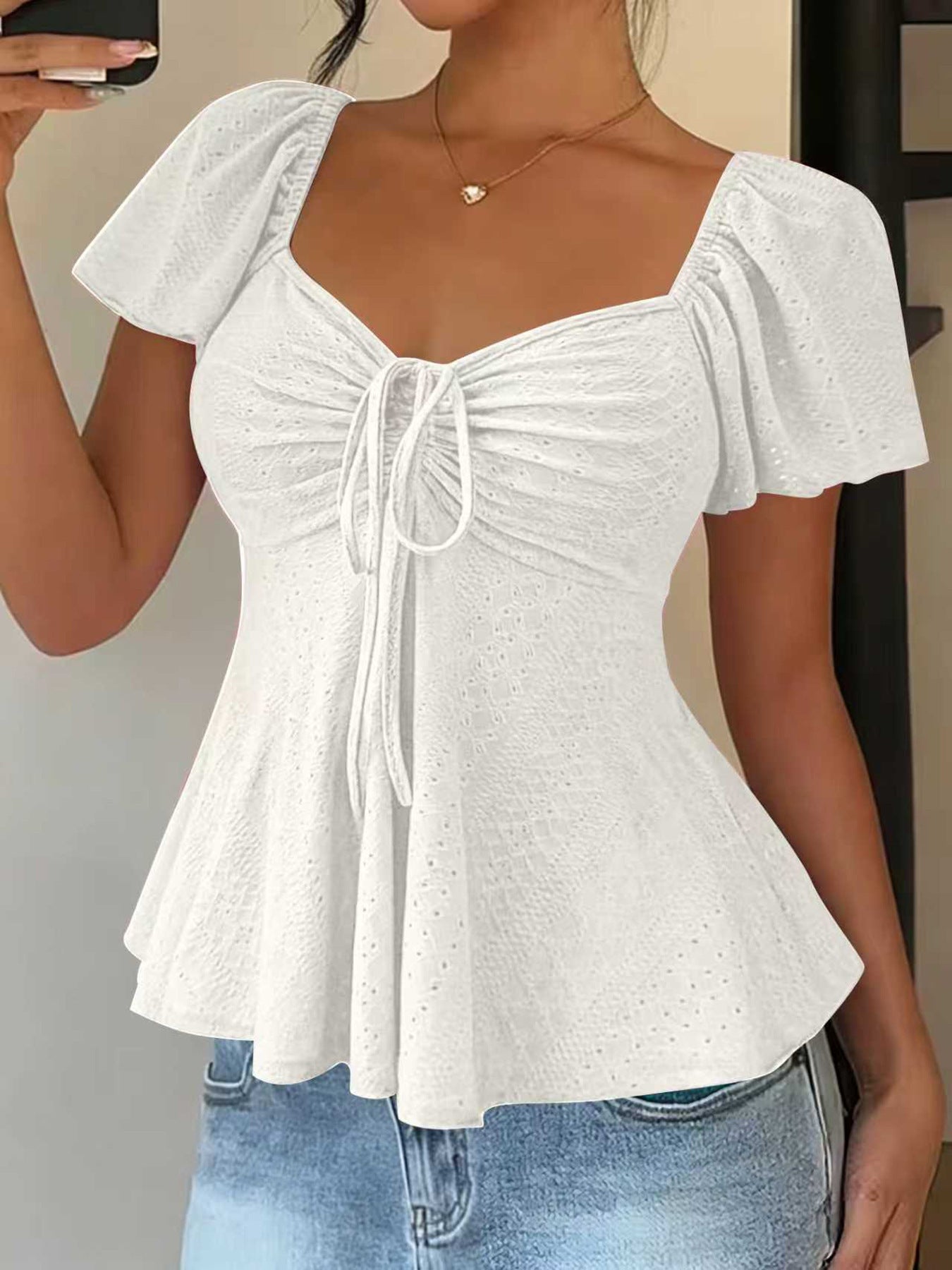 Euramerican V-neck Drawstring Tie-up Top - Clothesfassion.store