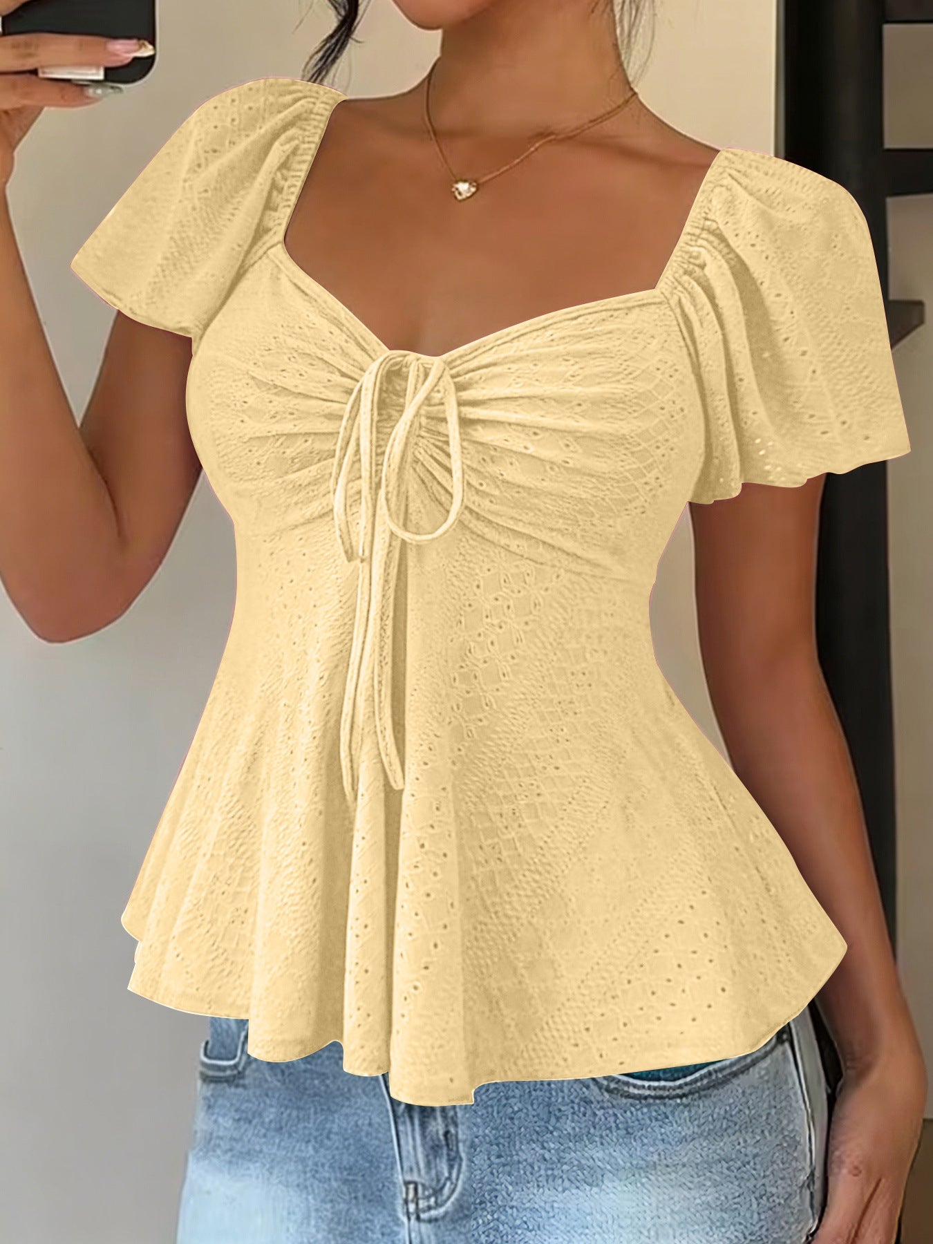 Euramerican V-neck Drawstring Tie-up Top - Clothesfassion.store