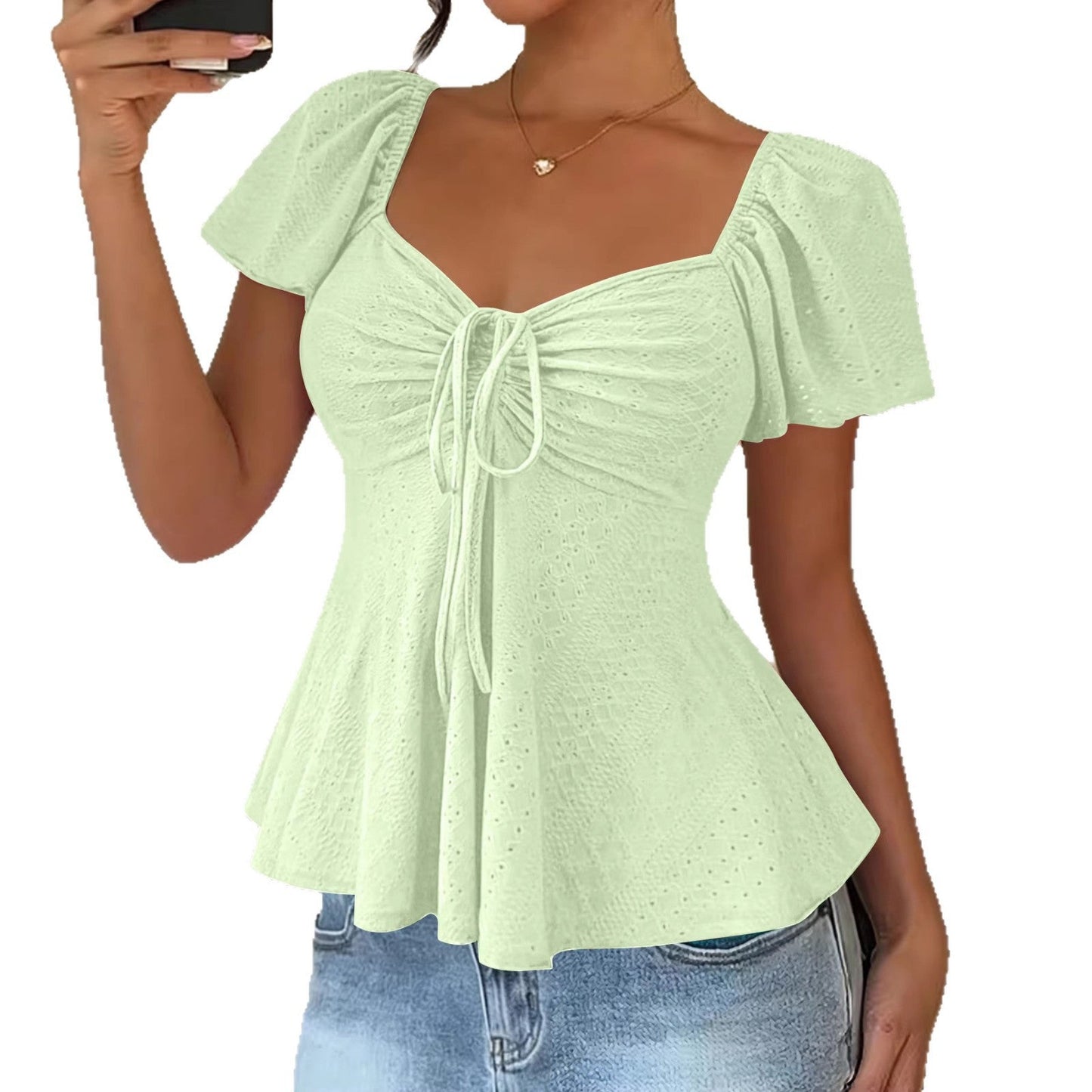Euramerican V-neck Drawstring Tie-up Top - Clothesfassion.store
