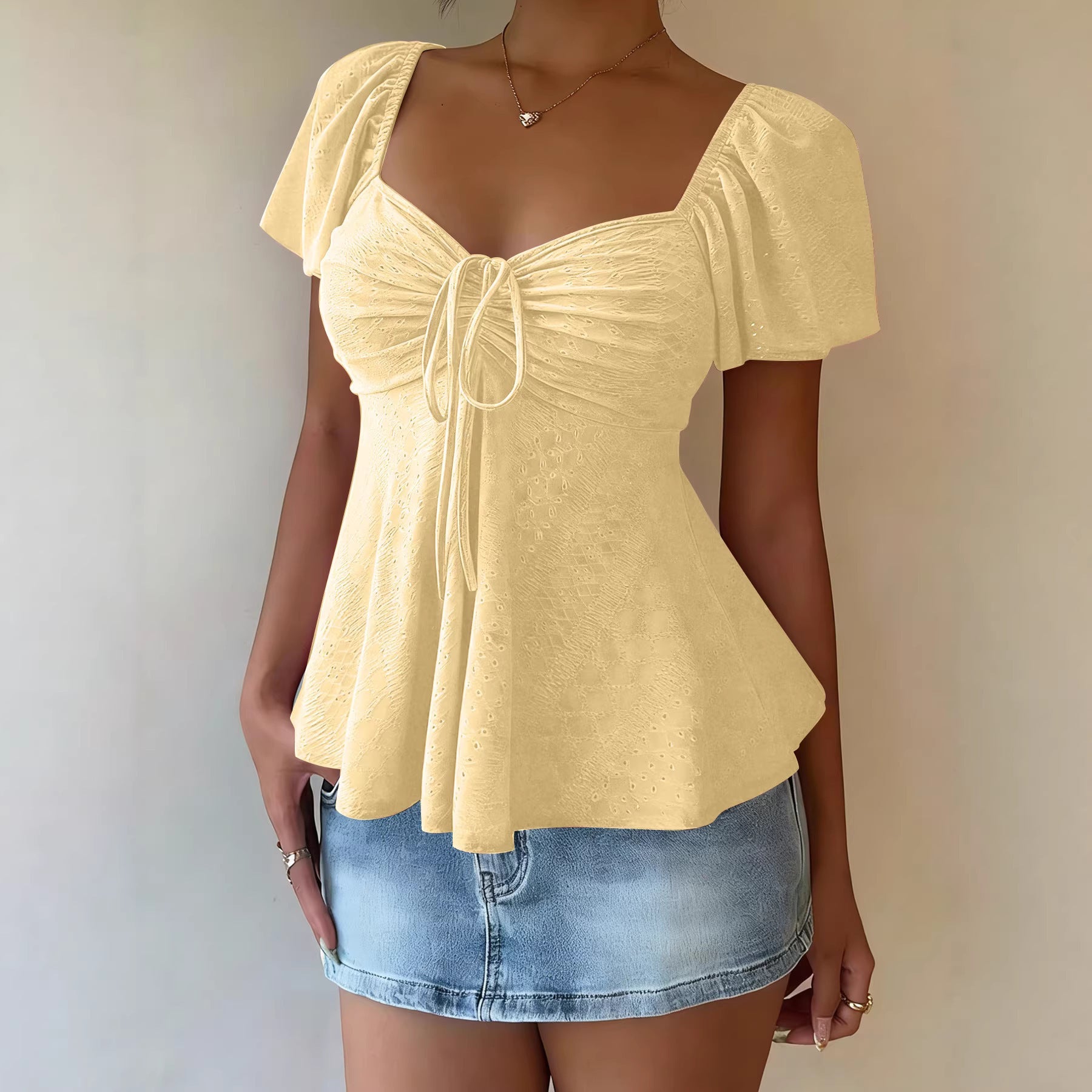 Euramerican V-neck Drawstring Tie-up Top - Clothesfassion.store
