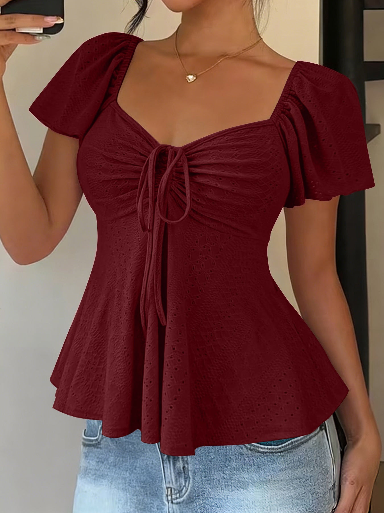 Euramerican V-neck Drawstring Tie-up Top - Clothesfassion.store