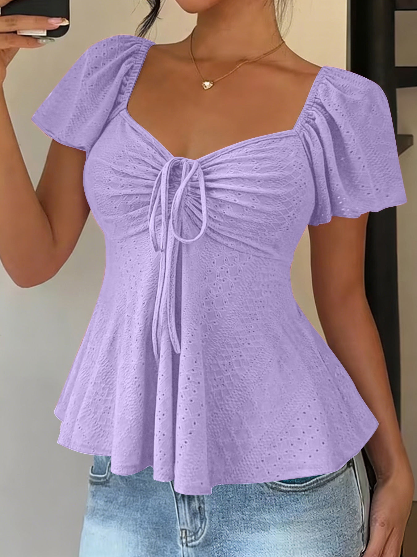 Euramerican V-neck Drawstring Tie-up Top - Clothesfassion.store