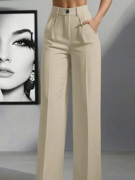 European and American cross - border spring and autumn fashion solid color casual high - waist loose work trousers with pockets - Clothesfassion.store