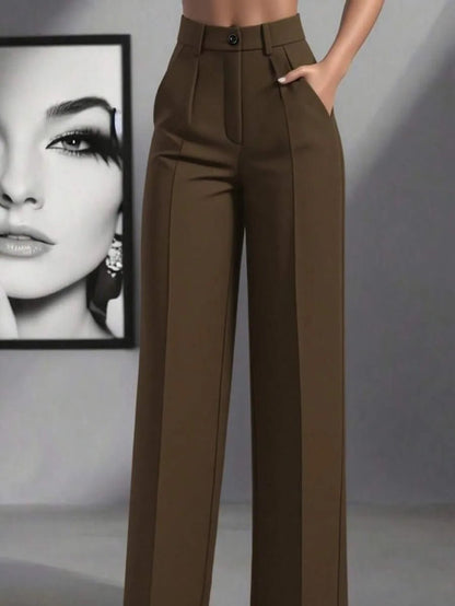 European and American cross - border spring and autumn fashion solid color casual high - waist loose work trousers with pockets - Clothesfassion.store