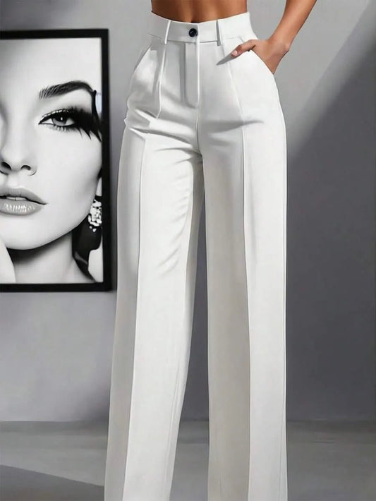 European and American cross - border spring and autumn fashion solid color casual high - waist loose work trousers with pockets - Clothesfassion.store