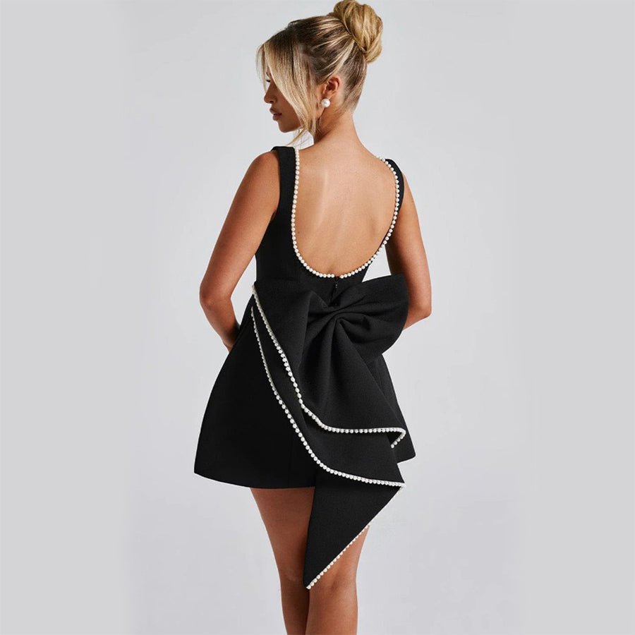 Fashion Big - Bowed Pearls Backless Dress Summer Slim Sleeveless A - line Dresses For Party Evening Women's Clothing - Clothesfassion.store