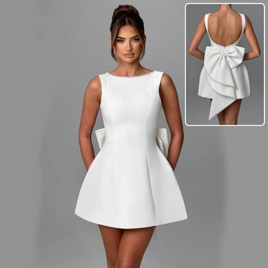 Fashion Big - Bowed Pearls Backless Dress Summer Slim Sleeveless A - line Dresses For Party Evening Women's Clothing - Clothesfassion.store