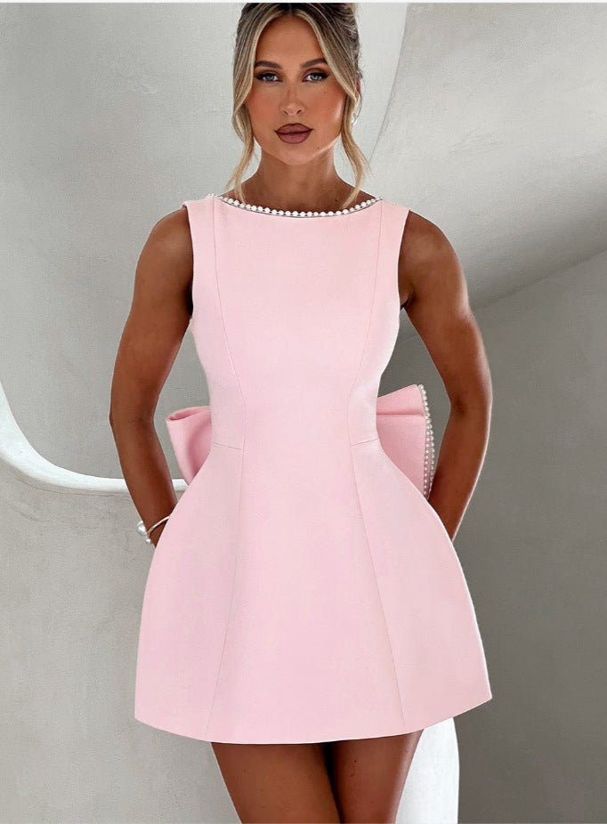 Fashion Big - Bowed Pearls Backless Dress Summer Slim Sleeveless A - line Dresses For Party Evening Women's Clothing - Clothesfassion.store