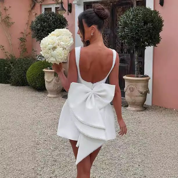 Fashion Big - Bowed Pearls Backless Dress Summer Slim Sleeveless A - line Dresses For Party Evening Women's Clothing - Clothesfassion.store
