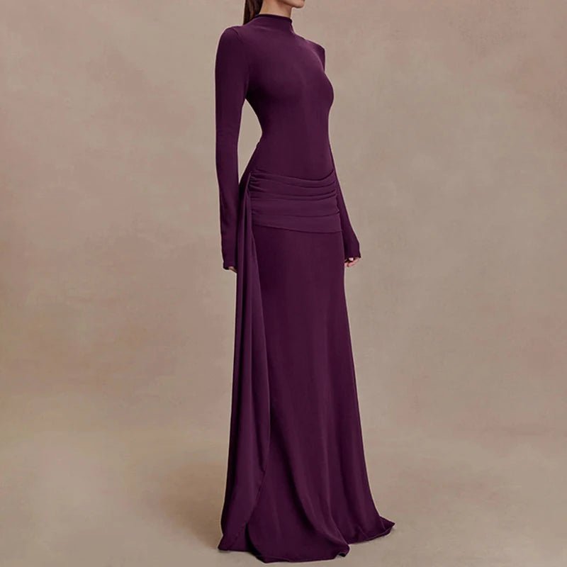 Fashion Hight Waist Solid Women Dress Casual Draped Slim Long Party Dress Elegant Half High Collar Long Sleeve Evening Gowns - Clothesfassion.store