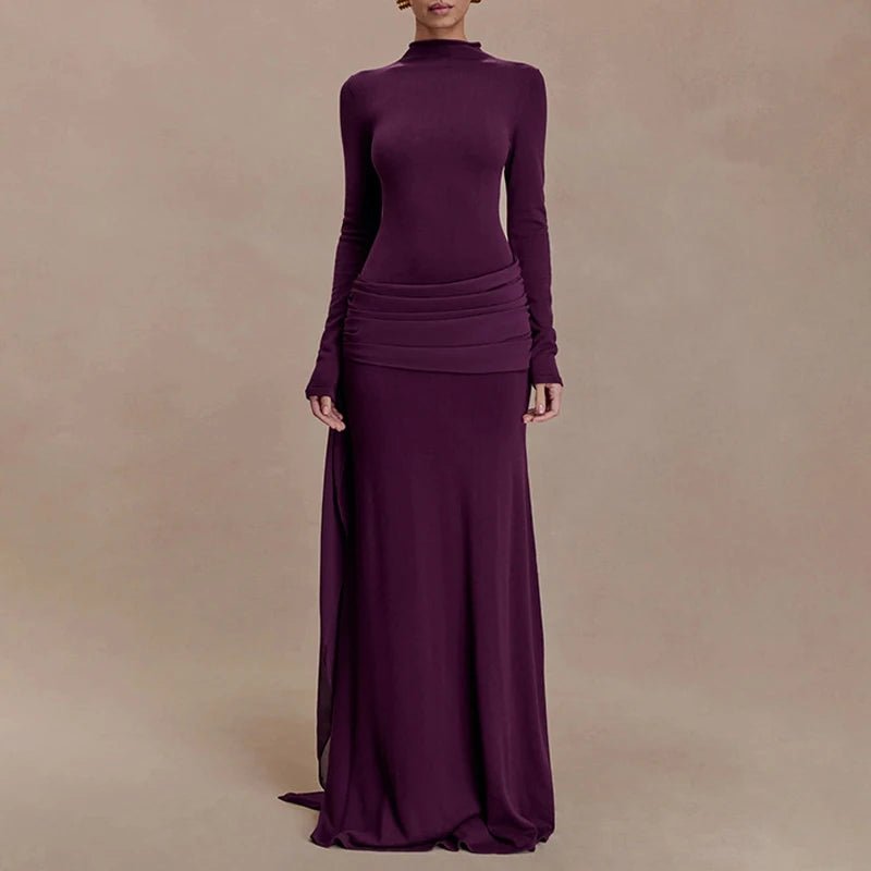 Fashion Hight Waist Solid Women Dress Casual Draped Slim Long Party Dress Elegant Half High Collar Long Sleeve Evening Gowns - Clothesfassion.store