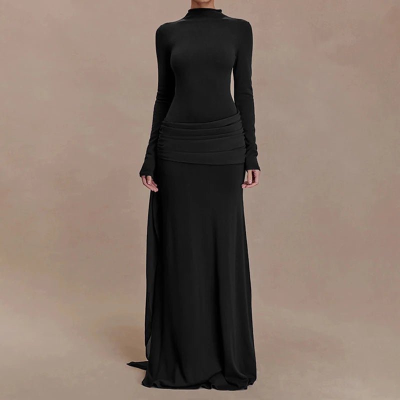 Fashion Hight Waist Solid Women Dress Casual Draped Slim Long Party Dress Elegant Half High Collar Long Sleeve Evening Gowns - Clothesfassion.store