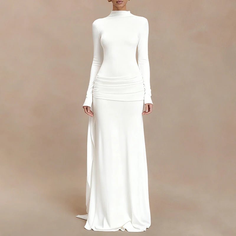 Fashion Hight Waist Solid Women Dress Casual Draped Slim Long Party Dress Elegant Half High Collar Long Sleeve Evening Gowns - Clothesfassion.store