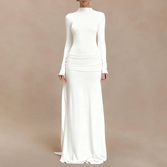 Fashion Hight Waist Solid Women Dress Casual Draped Slim Long Party Dress Elegant Half High Collar Long Sleeve Evening Gowns - Clothesfassion.store