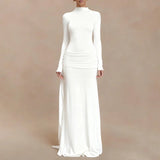 Fashion Hight Waist Solid Women Dress Casual Draped Slim Long Party Dress Elegant Half High Collar Long Sleeve Evening Gowns - Clothesfassion.store