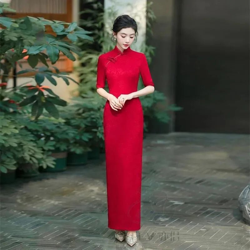 Female Large Size 6XL Maxi Dress Summer Lady Fashion High Fork Long Dresses 2025 Women Solid Color Five Divide Sleeves Cheongsam - Clothesfassion.store