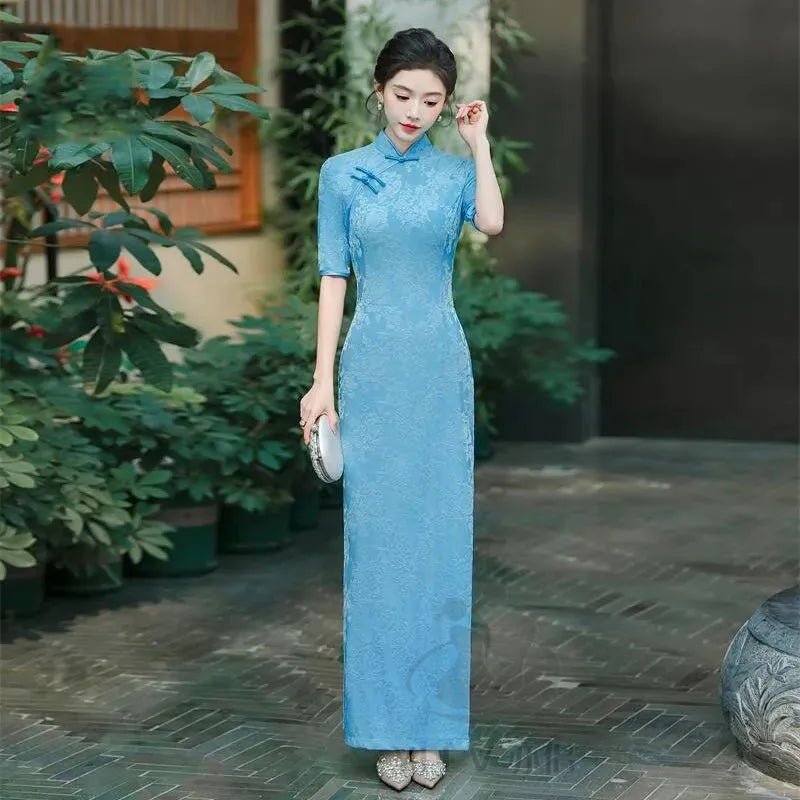 Female Large Size 6XL Maxi Dress Summer Lady Fashion High Fork Long Dresses 2025 Women Solid Color Five Divide Sleeves Cheongsam - Clothesfassion.store