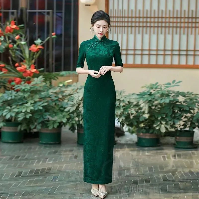 Female Large Size 6XL Maxi Dress Summer Lady Fashion High Fork Long Dresses 2025 Women Solid Color Five Divide Sleeves Cheongsam - Clothesfassion.store