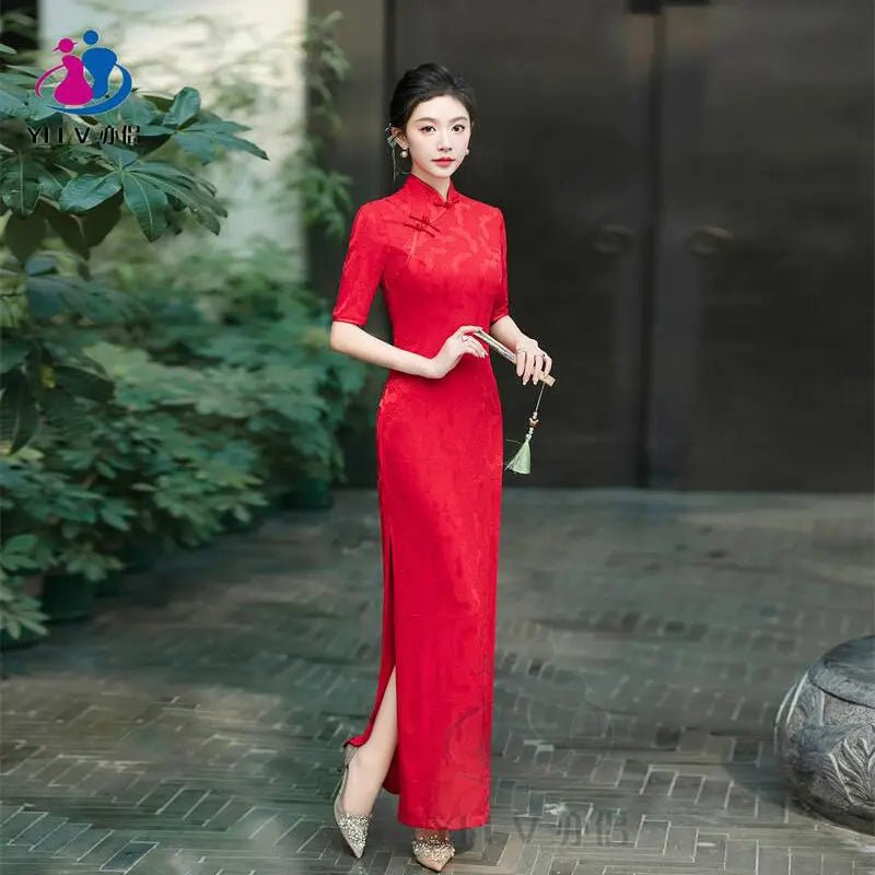 Female Large Size 6XL Maxi Dress Summer Lady Fashion High Fork Long Dresses 2025 Women Solid Color Five Divide Sleeves Cheongsam - Clothesfassion.store