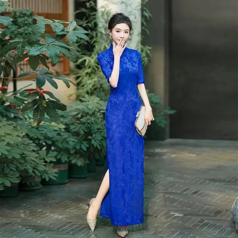 Female Large Size 6XL Maxi Dress Summer Lady Fashion High Fork Long Dresses 2025 Women Solid Color Five Divide Sleeves Cheongsam - Clothesfassion.store