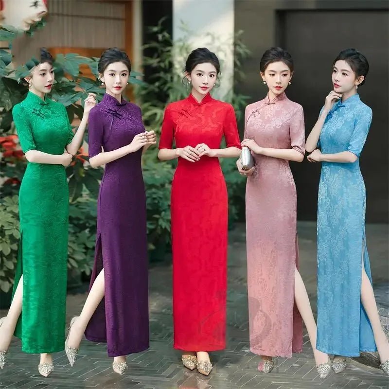 Female Large Size 6XL Maxi Dress Summer Lady Fashion High Fork Long Dresses 2025 Women Solid Color Five Divide Sleeves Cheongsam - Clothesfassion.store