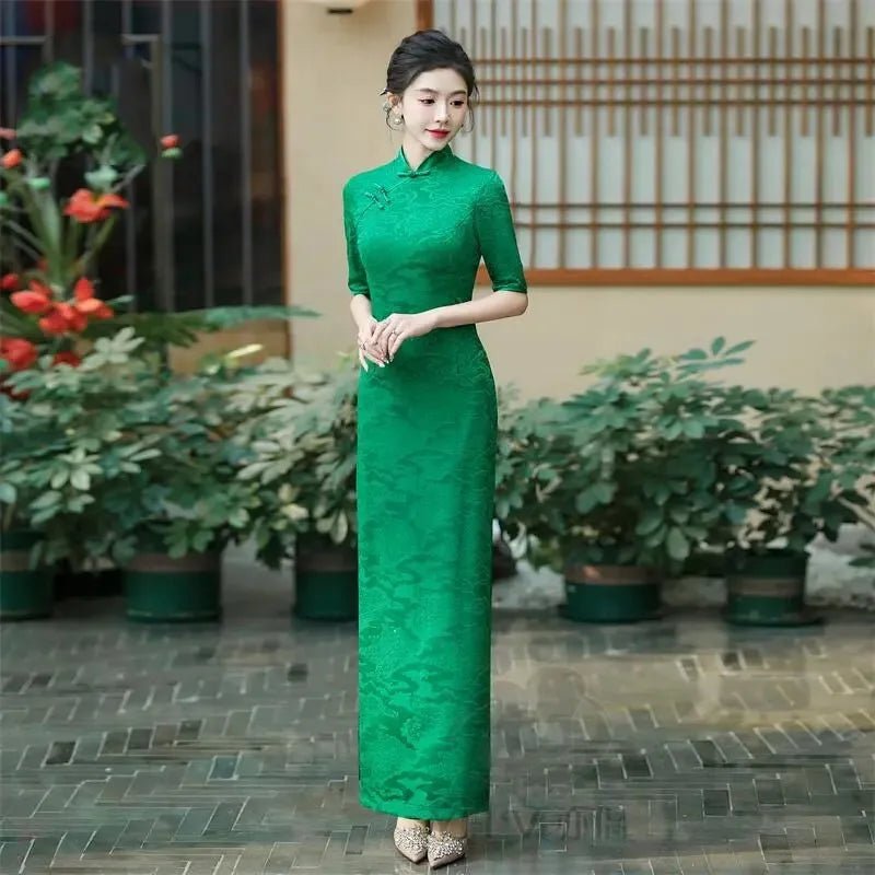 Female Large Size 6XL Maxi Dress Summer Lady Fashion High Fork Long Dresses 2025 Women Solid Color Five Divide Sleeves Cheongsam - Clothesfassion.store