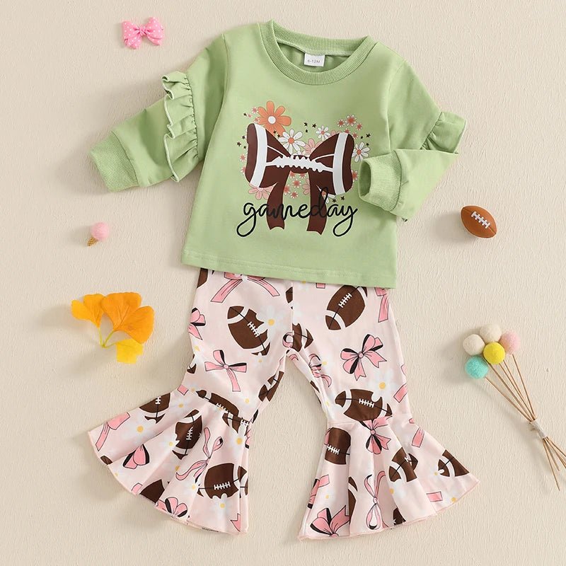 Girls 2 - Piece Outfit Floral Print Sweatshirt with Bow Detail and Rugby Print Flare Pants Set for Kids - Clothesfassion.store