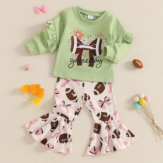 Girls 2 - Piece Outfit Floral Print Sweatshirt with Bow Detail and Rugby Print Flare Pants Set for Kids - Clothesfassion.store