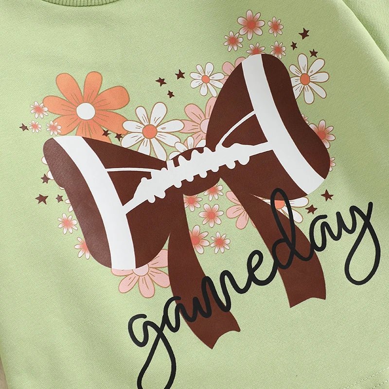 Girls 2 - Piece Outfit Floral Print Sweatshirt with Bow Detail and Rugby Print Flare Pants Set for Kids - Clothesfassion.store