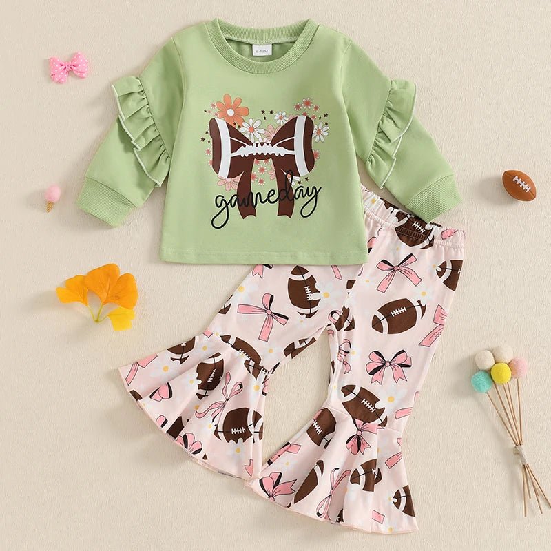 Girls 2 - Piece Outfit Floral Print Sweatshirt with Bow Detail and Rugby Print Flare Pants Set for Kids - Clothesfassion.store