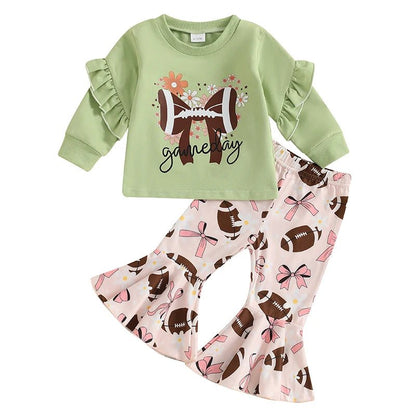 Girls 2 - Piece Outfit Floral Print Sweatshirt with Bow Detail and Rugby Print Flare Pants Set for Kids - Clothesfassion.store