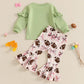 Girls 2 - Piece Outfit Floral Print Sweatshirt with Bow Detail and Rugby Print Flare Pants Set for Kids - Clothesfassion.store