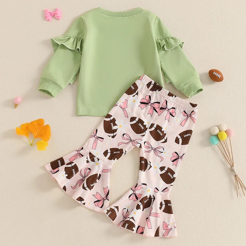 Girls 2 - Piece Outfit Floral Print Sweatshirt with Bow Detail and Rugby Print Flare Pants Set for Kids - Clothesfassion.store