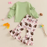 Girls 2 - Piece Outfit Floral Print Sweatshirt with Bow Detail and Rugby Print Flare Pants Set for Kids - Clothesfassion.store