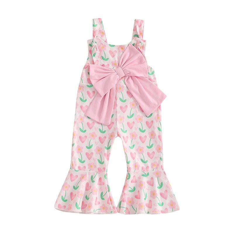 Girls Heart Print Flare Pants with Bowknot Detail Valentine s Day Outfit for Casual Daily Wear and Playful Style - Clothesfassion.store