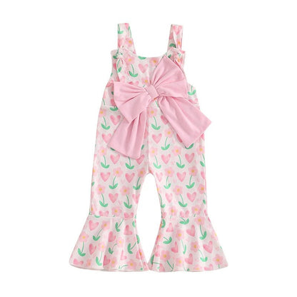 Girls Heart Print Flare Pants with Bowknot Detail Valentine s Day Outfit for Casual Daily Wear and Playful Style - Clothesfassion.store