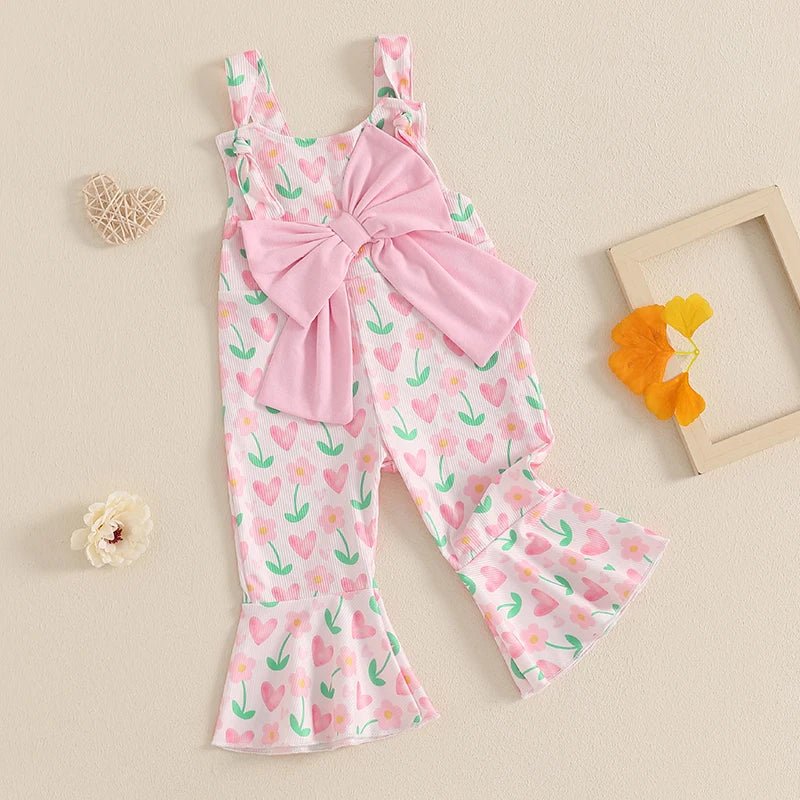 Girls Heart Print Flare Pants with Bowknot Detail Valentine s Day Outfit for Casual Daily Wear and Playful Style - Clothesfassion.store
