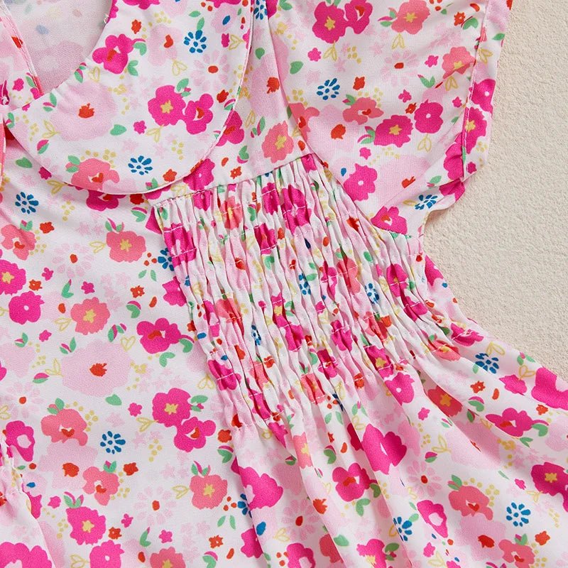 Girls Sleeveless Floral Print Dress Round Neck A - line Summer Dress with Ruffle Hem Casual Party Dress for Kids - Clothesfassion.store