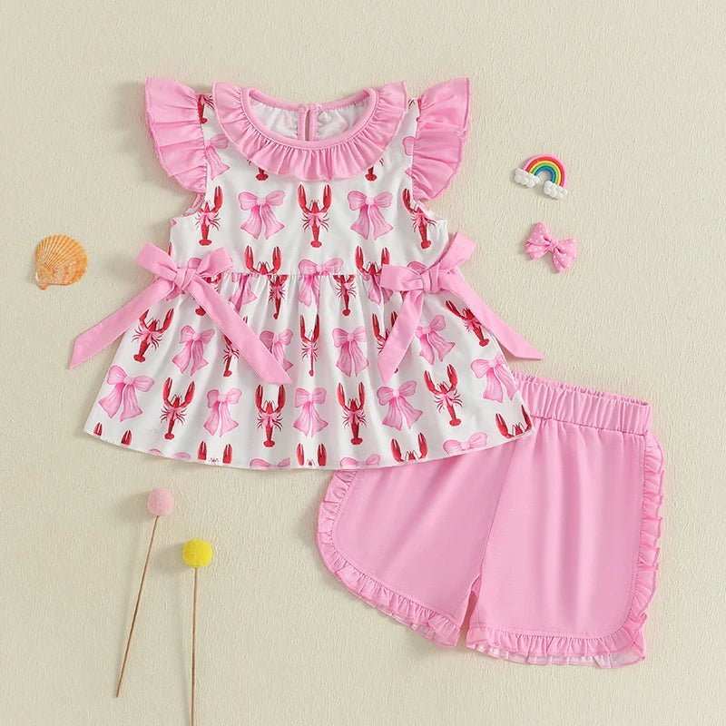 Girls Summer Outfits Floral Print Off - Shoulder Blouse Denim Shorts Set with Bow Detail and Ruffle Hem - Clothesfassion.store