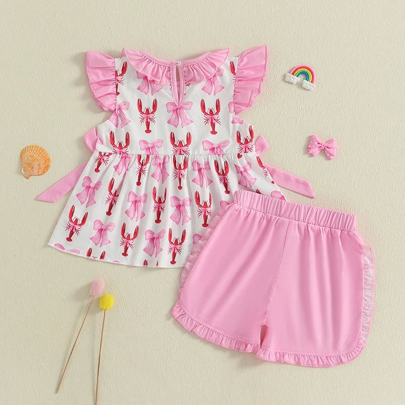 Girls Summer Outfits Floral Print Off - Shoulder Blouse Denim Shorts Set with Bow Detail and Ruffle Hem - Clothesfassion.store