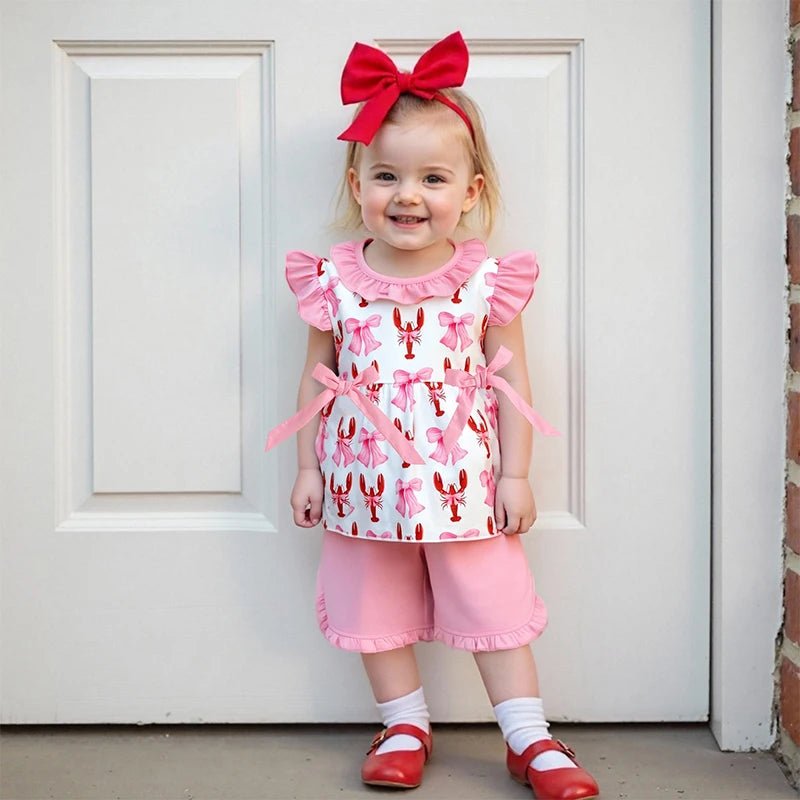 Girls Summer Outfits Floral Print Off - Shoulder Blouse Denim Shorts Set with Bow Detail and Ruffle Hem - Clothesfassion.store