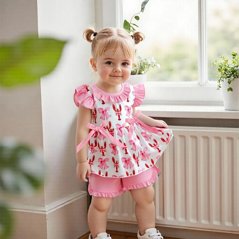 Girls Summer Outfits Floral Print Off - Shoulder Blouse Denim Shorts Set with Bow Detail and Ruffle Hem - Clothesfassion.store