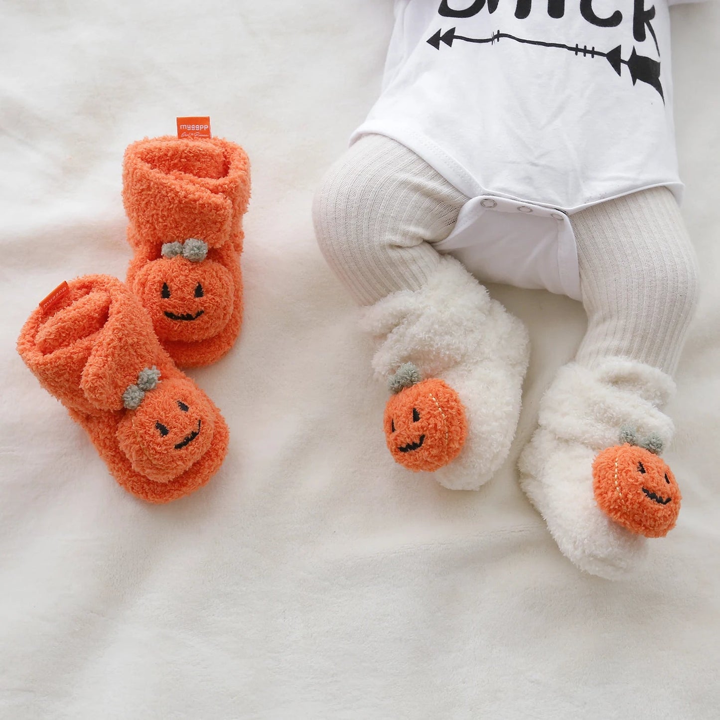 Halloween Pumpkin Baby Booties Stay On Slipper Winter Warm Soft Shoes Newborn Crib Sock Shoes - Clothesfassion.store