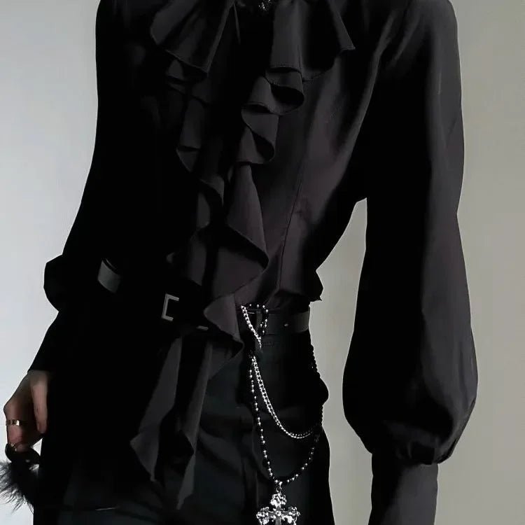 Harajuku Vintage Black Bottoming Shirt Women Stand Collar Ruffles Slim Blouses Japanese Victorian Long Sleeve Blusas De Mujer - Clothesfassion.store