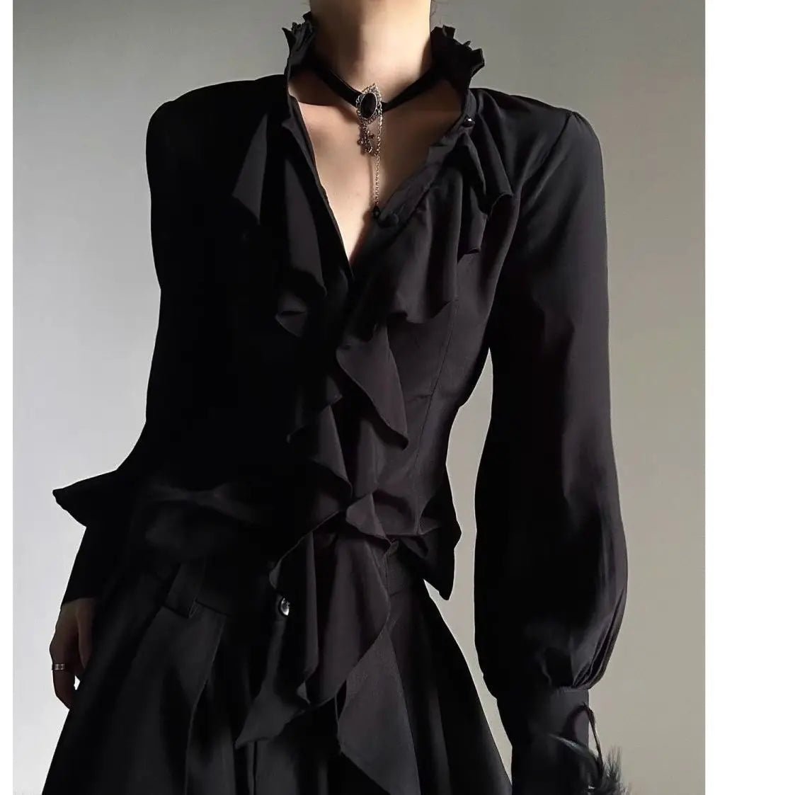 Harajuku Vintage Black Bottoming Shirt Women Stand Collar Ruffles Slim Blouses Japanese Victorian Long Sleeve Blusas De Mujer - Clothesfassion.store
