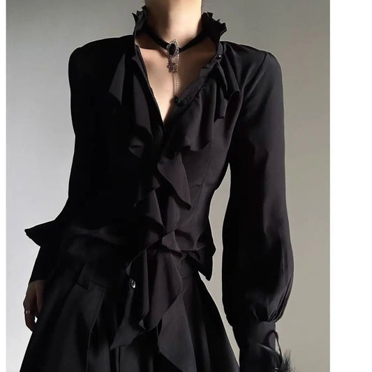 Harajuku Vintage Black Bottoming Shirt Women Stand Collar Ruffles Slim Blouses Japanese Victorian Long Sleeve Blusas De Mujer - Clothesfassion.store
