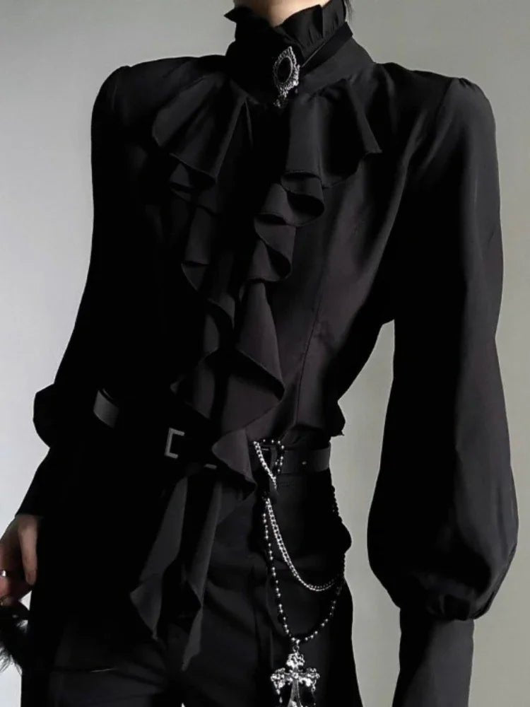 Harajuku Vintage Black Bottoming Shirt Women Stand Collar Ruffles Slim Blouses Japanese Victorian Long Sleeve Blusas De Mujer - Clothesfassion.store