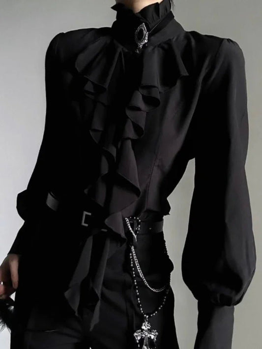 Harajuku Vintage Black Bottoming Shirt Women Stand Collar Ruffles Slim Blouses Japanese Victorian Long Sleeve Blusas De Mujer - Clothesfassion.store