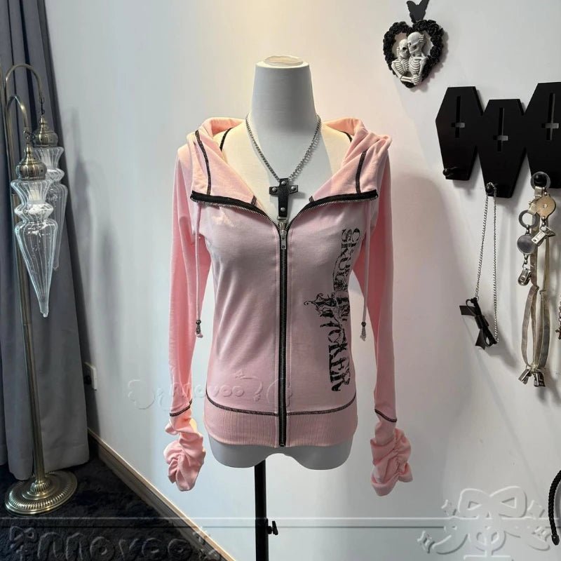 Harajuku Y2k Gothic Hooded Coat Women 2025 Autumn New Casual All - match Jackets Subcultural Japanese Black Tops Mujer Sweatshirt - Clothesfassion.store