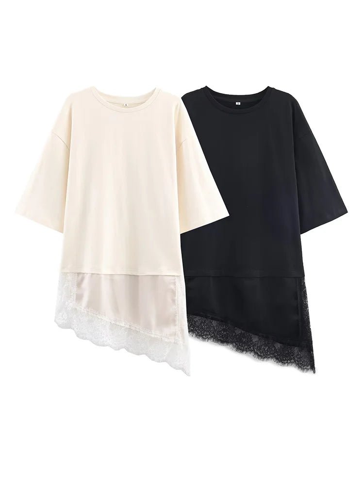 HH Spring Woman Elegant Round Collar Short Sleeves Splice Lace Decoration Asymmetrical T-shirt Female Chic Casual Solid Tops - Clothesfassion.store